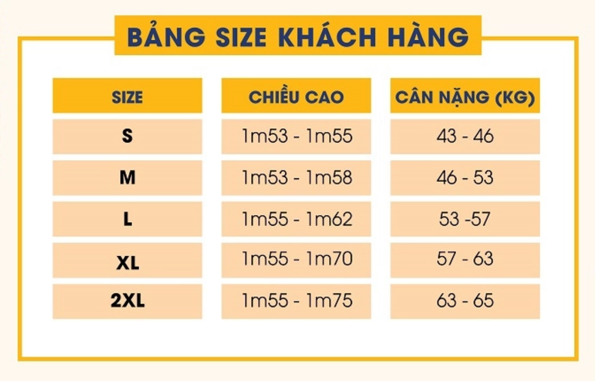 bảng Size áo